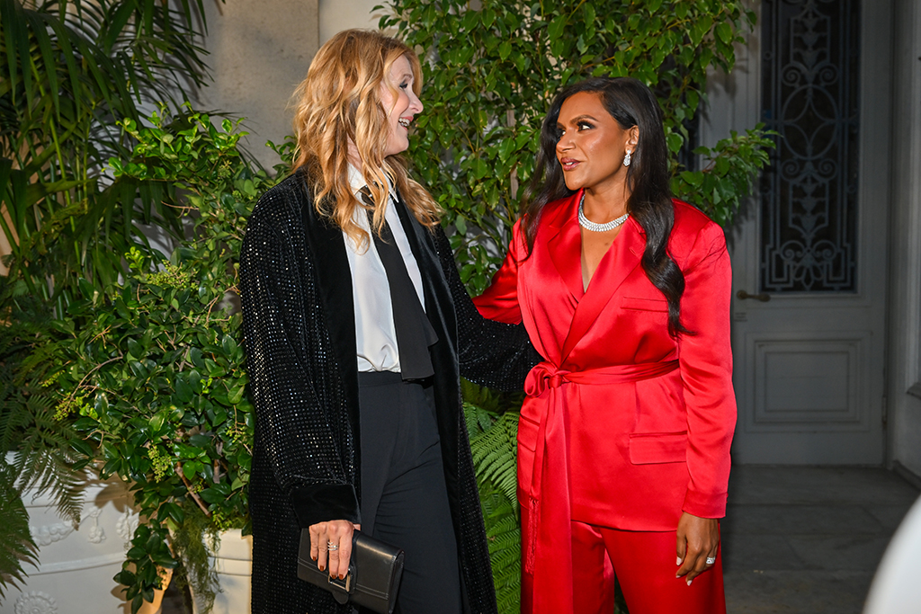 Laura Dern and Mindy Kaling at the Ralph Lauren Spring 2023 ready to wear runway show held at The Huntington Museum and Gardens on October 13, 2022 in San Marino, California.