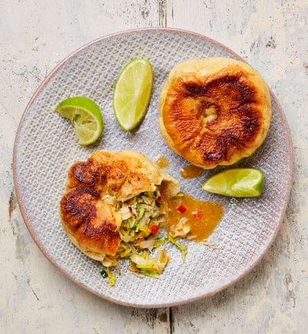 Yotam Ottolenghi’s white crab and cabbage buns with brown crab butterscotch.