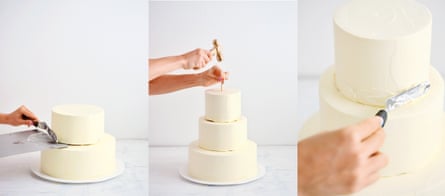 Composite image of a stacking a three-tiered buttercream cake
