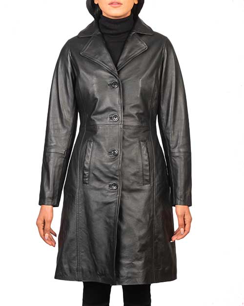 Alexis Black Single Breasted Leather Coat