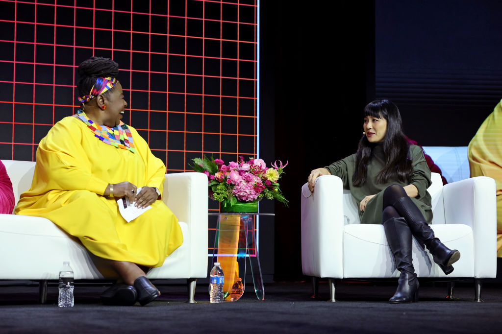 DANA POINT, CALIFORNIA - OCTOBER 24: (L-R) SisterSong Co-Founder/Human Rights Activist/Professor Loretta J. Ross and Actor/Author Constance Wu speak onstage during The 2022 MAKERS Conference at Waldorf Astoria Monarch Beach on October 24, 2022 in Dana Point, California. (Photo by Emma McIntyre/Getty Images for The MAKERS Conference)