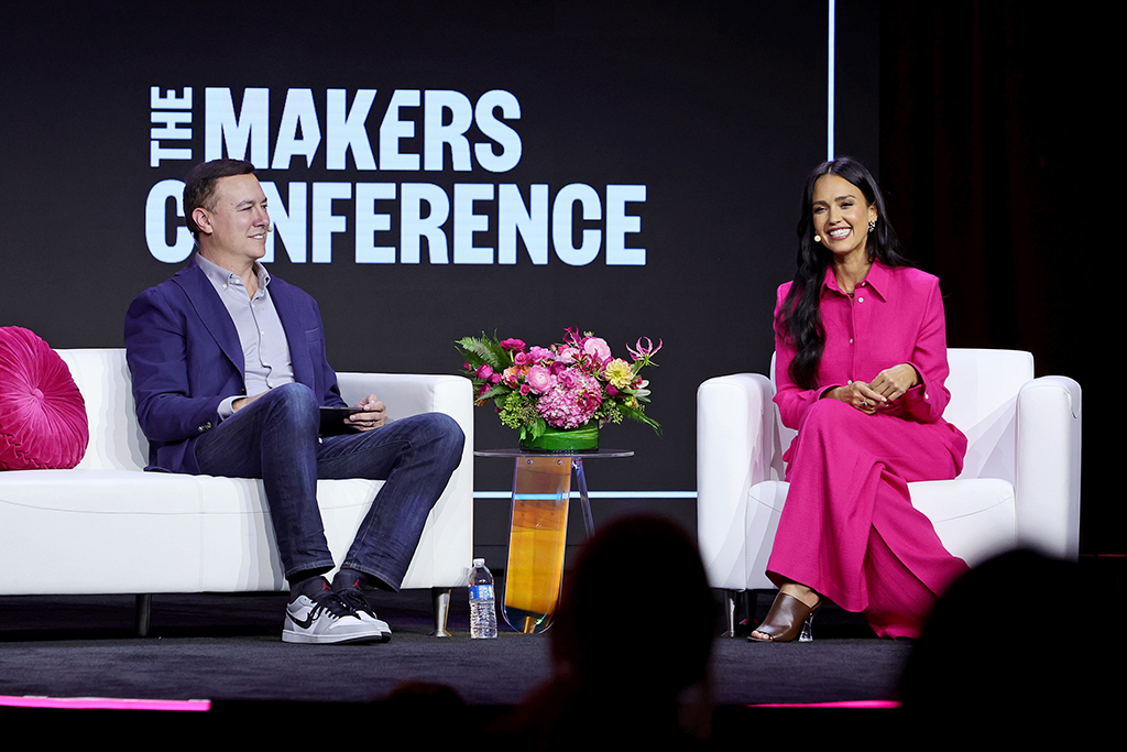 Yahoo CEO Jim Lanzone and Jessica Alba speak onstage during The 2022 MAKERS Conference at Waldorf Astoria Monarch Beach on October 24, 2022 in Dana Point, California. 