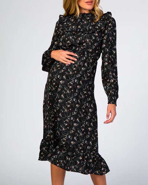 Black Floral Ruffle Long Sleeve Maternity Midi Dress