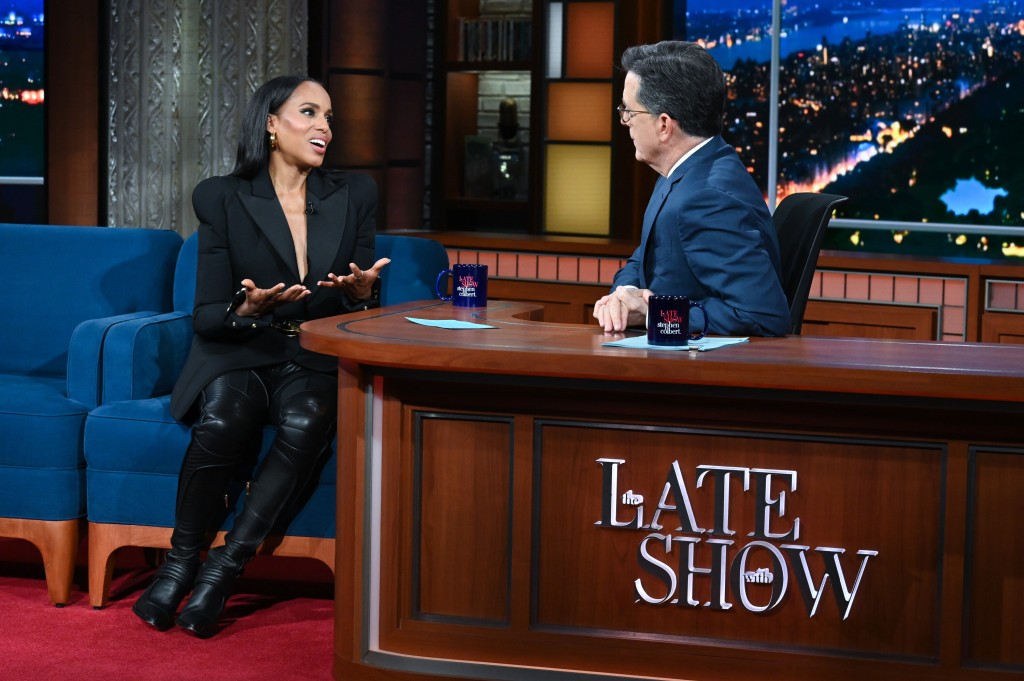 The Late Show with Stephen Colbert and guest Kerry Washington during Thursday’s October 27, 2022 show. Photo: Scott Kowalchyk/CBS ©2022 CBS Broadcasting Inc. All Rights Reserved.