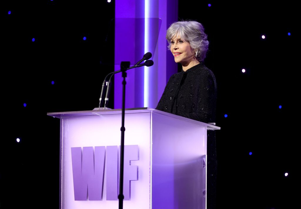 BEVERLY HILLS, CALIFORNIA - OCTOBER 27: Jane Fonda speaks onstage during the WIF Honors: Forging Forward Gala sponsored by Max Mara, ShivHans Pictures, Lexus and STARZ at The Beverly Hilton on October 27, 2022 in Beverly Hills, California. (Photo by Emma McIntyre/Getty Images for WIF (Women in Film))