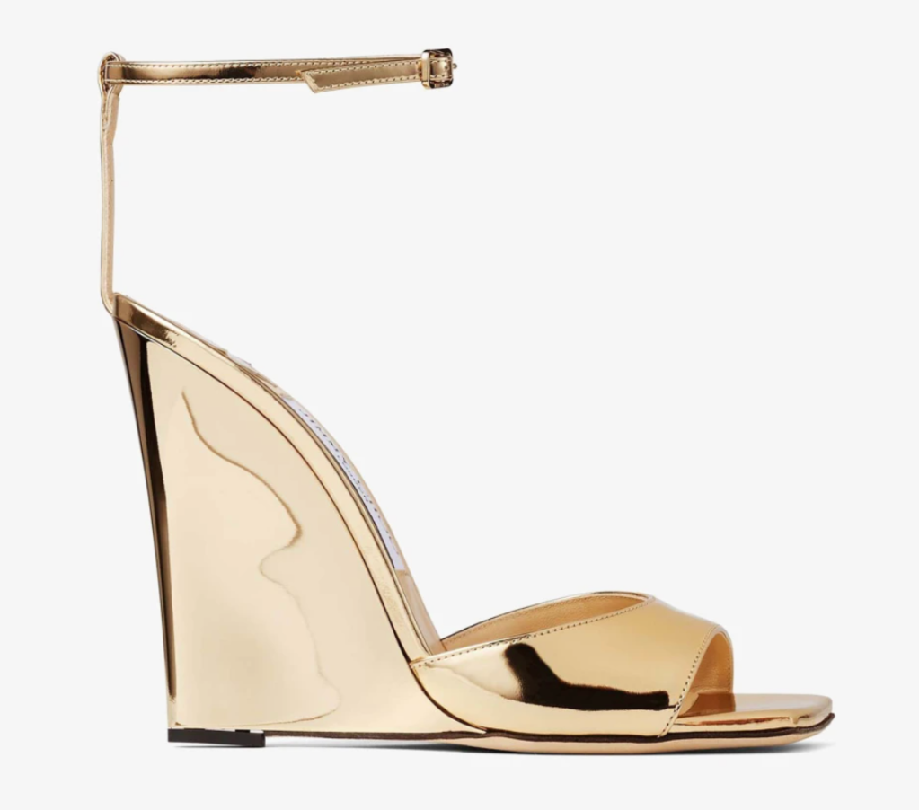 Gold Liquid Metal Leather Wedge Sandals by Jimmy Choo