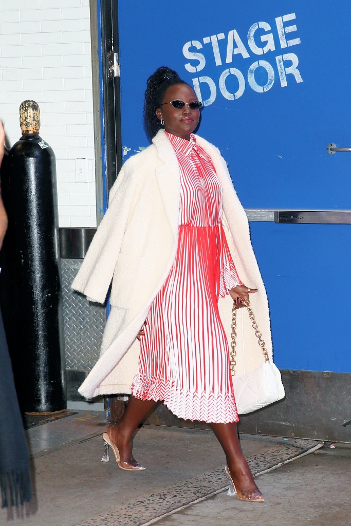 lupita nyongo, good morning america, nyc, red white striped dress, white purse, clear heels, pointed toe