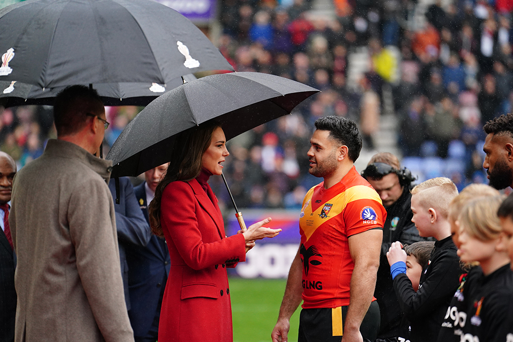 Catherine, Princess of Wales arrives to meet the players ahead of the England vs Papua New Guinea Rugby League World Cup quarter-final match at the DW Stadium, on November 5, 2022 in Wigan, England.