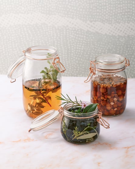 From left to right: saltbush and pepper vinegar, Aussie olives, and pickled quandongs