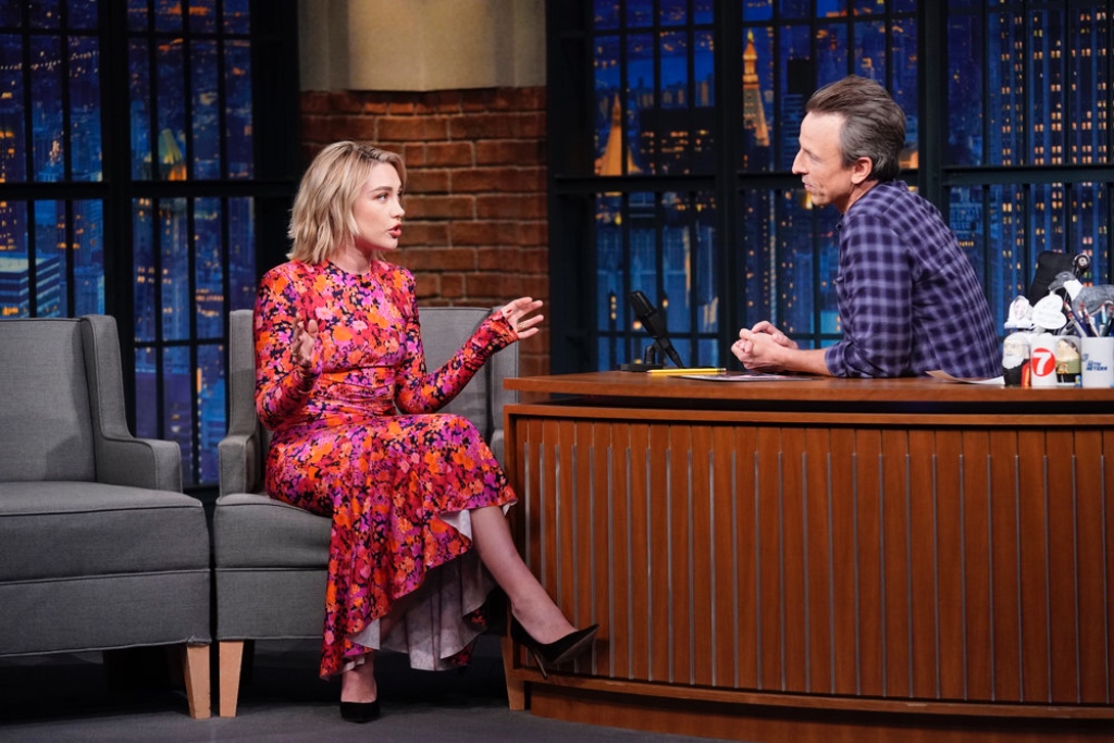 Florence Pugh, late night with seth meyers, nyc, floral dress, pointed pumps