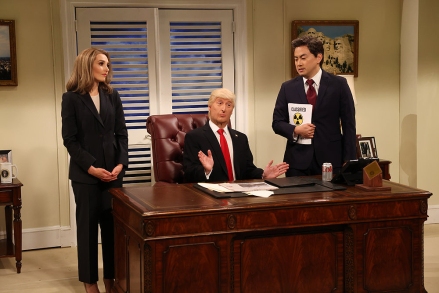 SATURDAY NIGHT LIVE -- “Miles Teller, Kendrick Lamar” Episode 1827 -- Pictured: (l-r) Chloe Fineman, James Austin Johnson as Donald Trump, and Bowen Yang as Xi Jinping during the “Manningcast Cold Open” on Saturday, October 1, 2022 -- (Photo by: Will Heath/NBC)