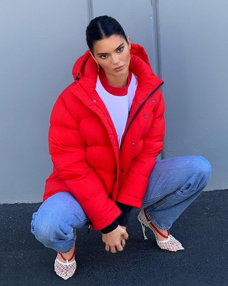 kendall jenner wearing red puffer jacket