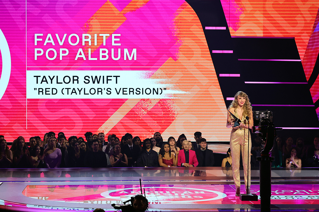 Taylor Swift accepts the Favorite Pop Album award for 'Red (Taylor’s Version)' onstage during the 2022 American Music Awards at Microsoft Theater on Nov. 20, 2022 in Los Angeles.