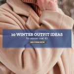 Woman wearing brown jacket and brown sweater with text overlay that reads Winter Outfit Ideas for women over 40.