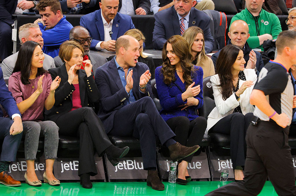 Britain's Prince William, Prince of Wales, and Britain's Catherine, Princess of Wales, with Emilia Fazzalari wife of Wyc Grousebeack (R), Governor-elect Maura Healey (2L) and mayor of Boston Michelle Wu (L) attend the National Basketball Association game between the Celtics and the Miami Heat at TD Garden in downtown Boston on Nov. 30, 2022. 