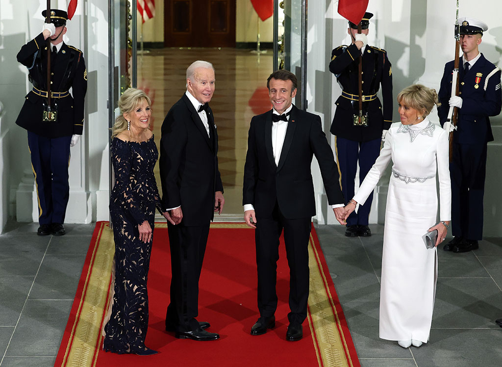 U.S. President Joe Biden and first lady Jill Biden welcome French President Emmanuel Macron and his wife Brigitte Macron to the North Portico of the White House ahead of the state dinner on Dec. 1, 2022 in Washington, DC. The official state visit is the first of the Biden administration.