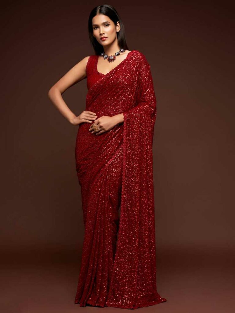 Red Sequins Saree For Engagement