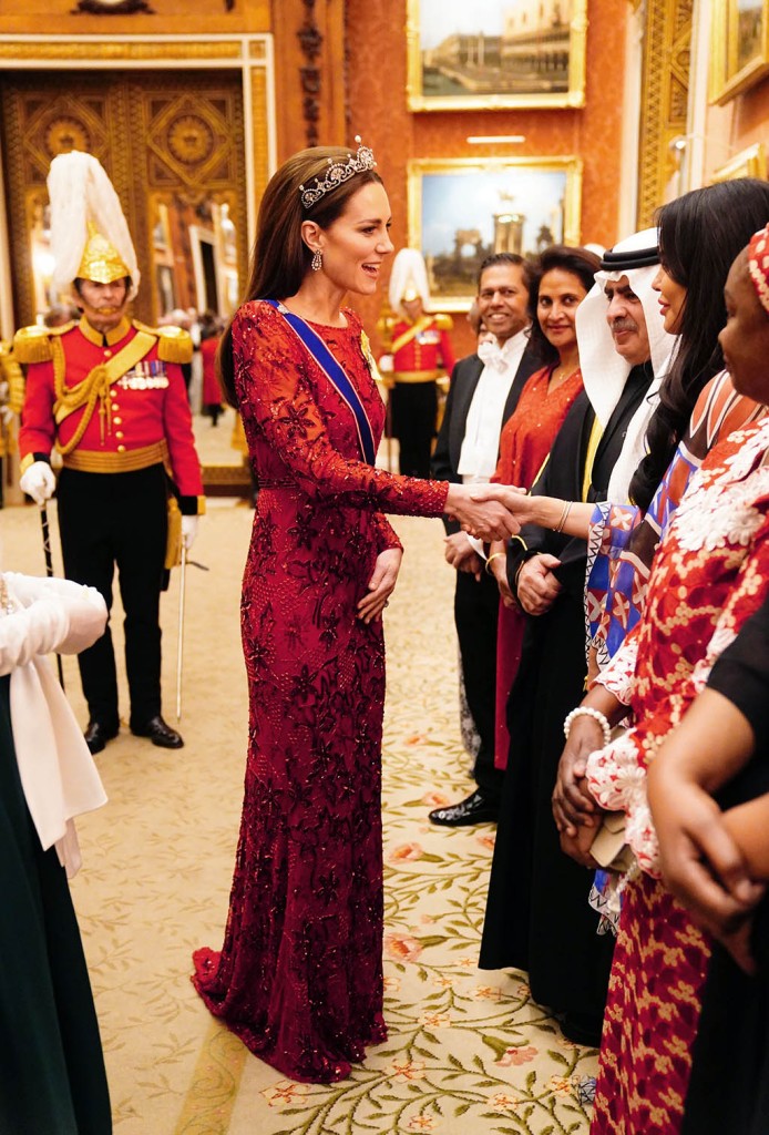 Kate Middleton, Diplomatic Corps reception, Buckingham Palace wearing a red dress and lotus flower tiara