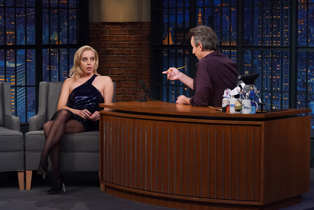 LATE NIGHT WITH SETH MEYERS -- Episode 1366 -- Pictured: (l-r) Actress Aubrey Plaza during an interview with host Seth Meyers on December 12, 2022 -- (Photo by: Andrew Lipovsky/NBC)