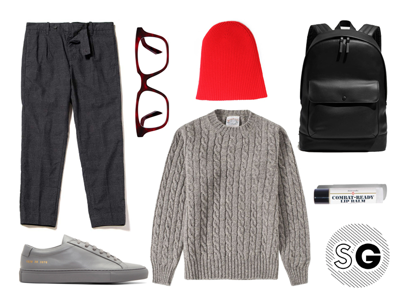 how to wear a cable knit sweater, common projects, outerknown, steven alan, homecore, warby parker, follain, end clothing, skincando