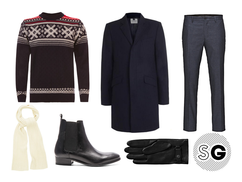 topcoat, nordic sweater, trousers, chelsea boots, british style