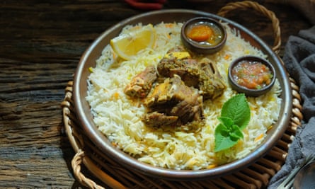 Lamb, served with rice.
