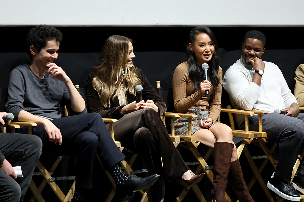 (L-R) Damien Chazelle, Margot Robbie, ,Li Jun Li and Jovan Adepo speak onstage during a special LA post-screening Q&A in support of Paramount Pictures' "Babylon" at the Landmark Westwood on Dec. 13, 2022 in Los Angeles.