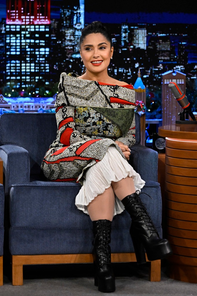 Salma Hayek Pinault during an interview with host Jimmy Fallon on 