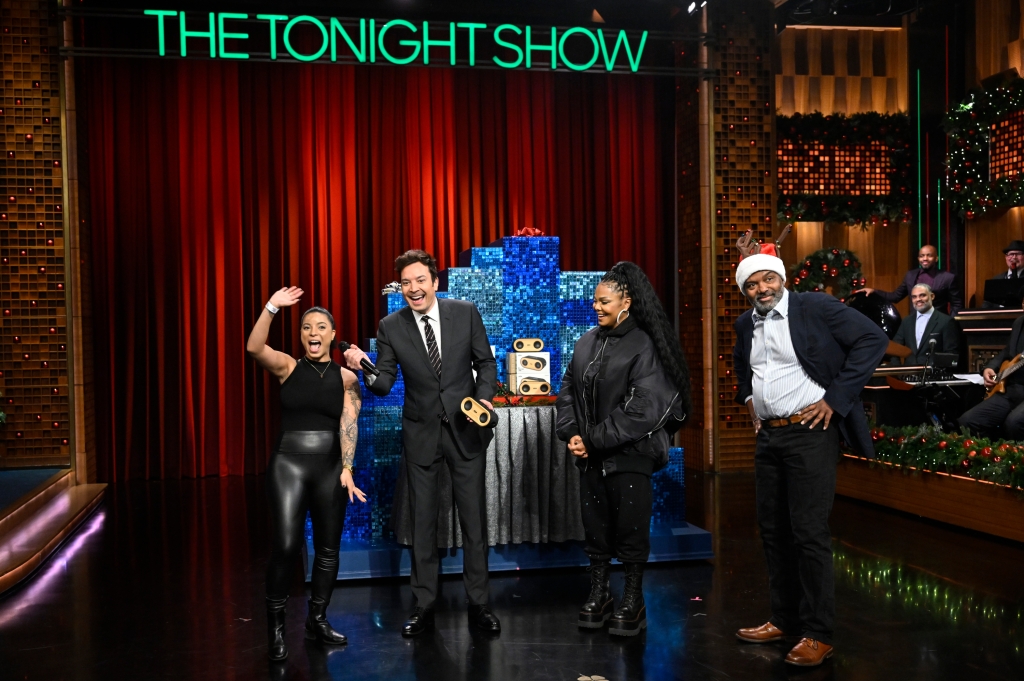 THE TONIGHT SHOW STARRING JIMMY FALLON -- Episode 1767 -- Pictured: (l-r) An audience member, host Jimmy Fallon, singer Janet Jackson, and an audience member during Tonight Show Stocking Stuffers on Thursday, December 15, 2022 -- (Photo by: Todd Owyoung/NBC via Getty Images)