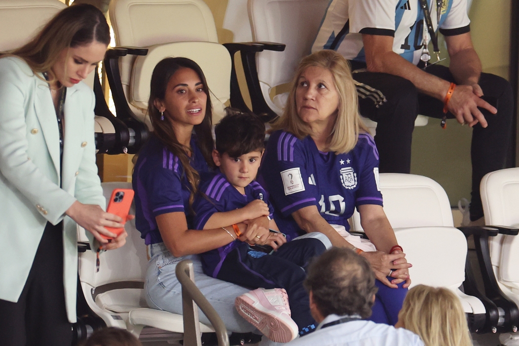 LUSAIL CITY, QATAR - DECEMBER 13: Antonela Roccuzzo, wife of Lionel Messi of Argentina and Celia Maria Cuccittini, mother of Lionel Messi of Argentina look on prior to the FIFA World Cup Qatar 2022 semi final match between Argentina and Croatia at Lusail Stadium on December 13, 2022 in Lusail City, Qatar. (Photo by Catherine Ivill/Getty Images)