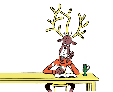 Illustration of a reindeer sitting at a desk looking puzzled