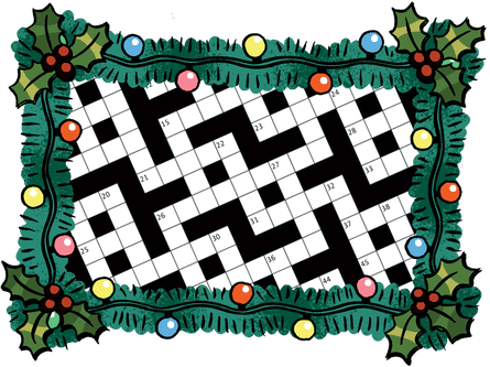 Illustration of a crossword grid inside a frame of holly and Christmas lights