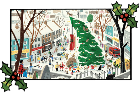 Cartoon of Christmas scene, with tree and shoppers