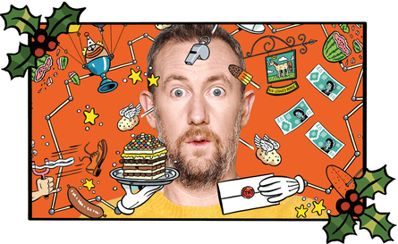A photograph of Alex Horne with cartoon pictures and writing all over it