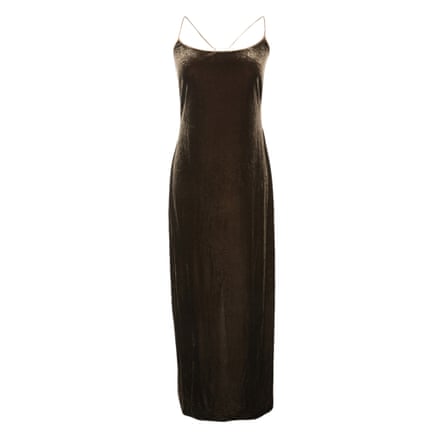 Brown full length velvet dress with spaghetti straps