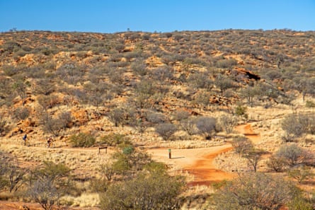 Two mountain bikers riding on a rugged trail in Alice Springs