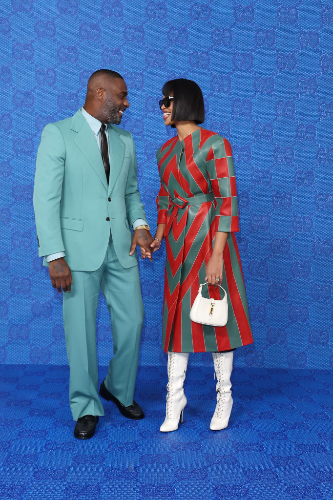 MILAN, ITALY - JANUARY 13: Idris Elba and Sabrina Dhowre arrive at the Gucci show during Milan Fashion Week Fall/Winter 2023/24 on January 13, 2023 in Milan, Italy. (Photo by Pietro S. D'Aprano/Getty Images for Gucci)