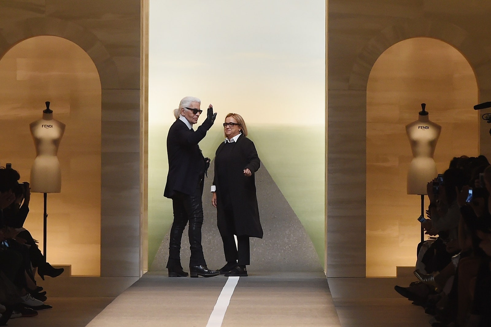 Karl Lagerfeld and Silvia Venturini Fendi at the Fendi SpringSummer 2015 show September 18 2014.