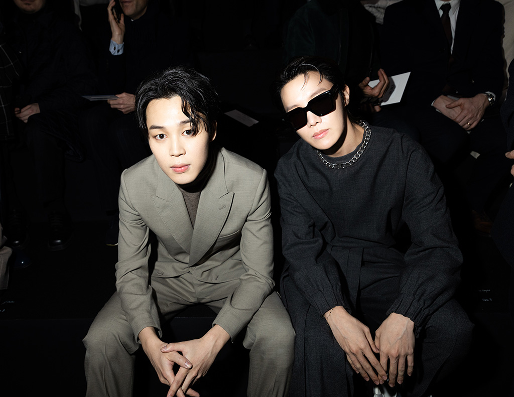J-Hope and Jimin of BTS attended the Dior Homme menswear fall 2023 show as part of Paris Fashion Week on Jan. 20, 2023 in Paris.