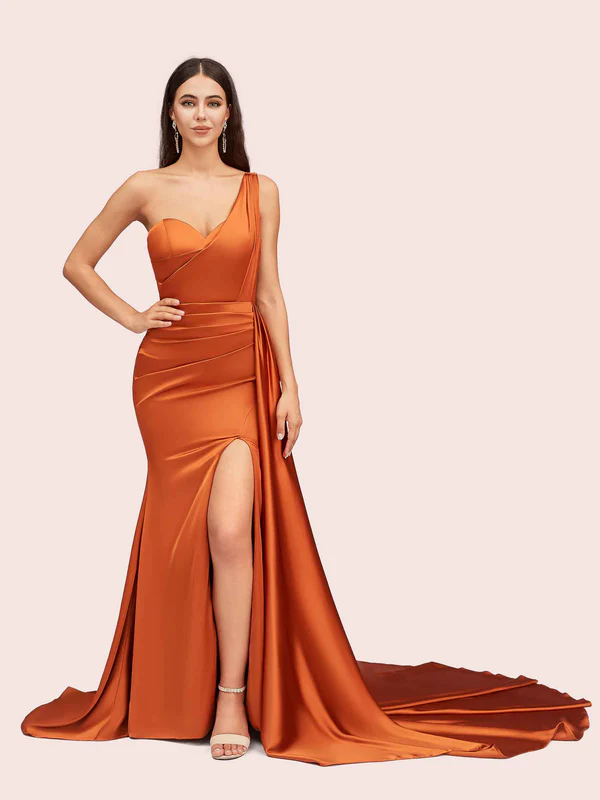 long burnt orange satin spring bridesmaid dresses
