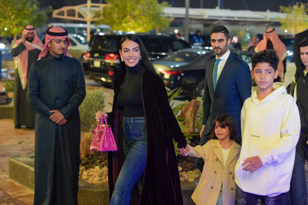 Georgina Rodriguez and family arrive at the stadium during the official unveiling of Cristiano Ronaldo as an Al Nassr player at Mrsool Park Stadium on Jan. 3, 2023 in Riyadh, Saudi Arabia. (Photo by Khalid Alhaj/MB Media/Getty Images)