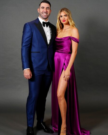 NEW YORK, NY - JANUARY 28: 2022 American League Cy Young Award Winner Justin Verlander poses for a photo with his wife Kate Upton during the 2023 BBWAA Awards Dinner at New York Hilton Midtown on Saturday, January 28, 2023 in New York, New York. (Photo by Mary DeCicco/MLB Photos via Getty Images)