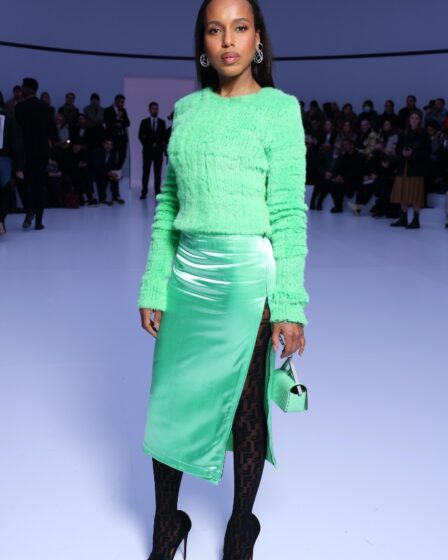kerry washington, fendi, paris, haute couture fashion week, green sweater, silk skirt, pointed toe pumps