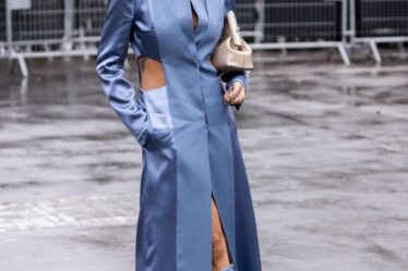 Rita ora, paris, haute couture fashion week, blue coat, blue wedge boots, knee high, cutout