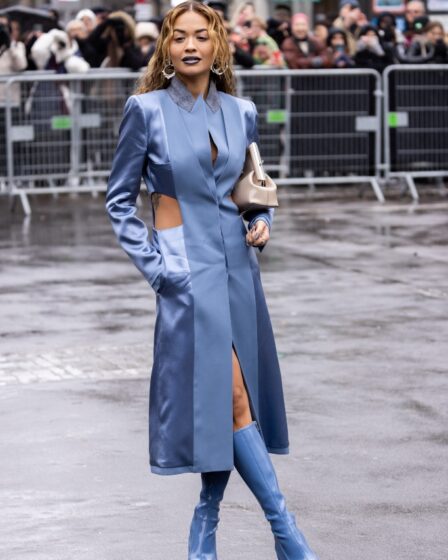 Rita ora, paris, haute couture fashion week, blue coat, blue wedge boots, knee high, cutout