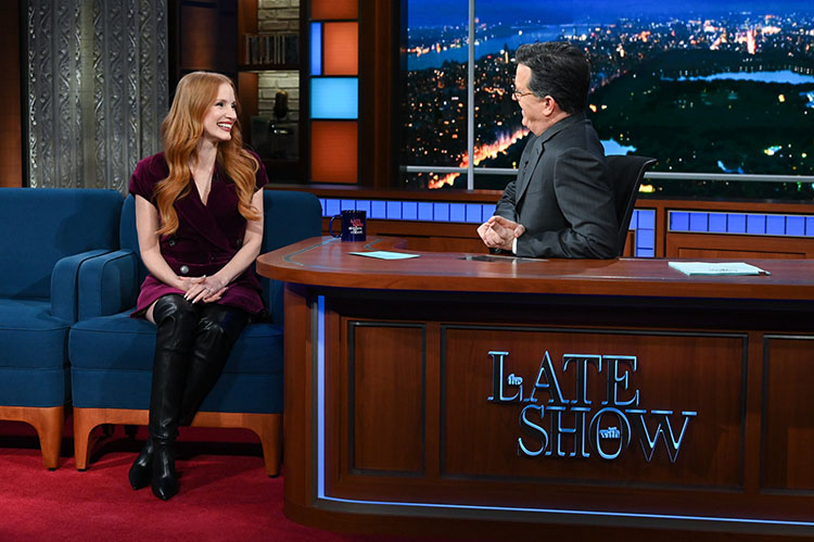Jessica Chastain Wore Dries van Noten On The Late Show With Stephen Colbert