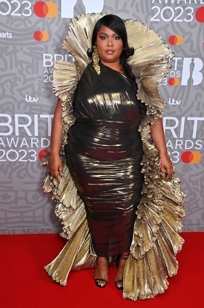 Lizzo arrives at The BRIT Awards 2023 at The O2 Arena on Feb. 11, 2023 in London.