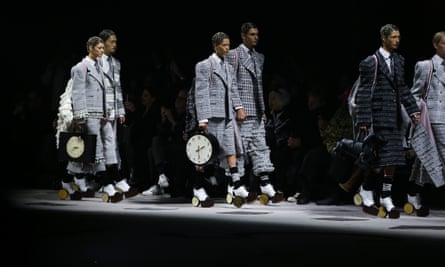 Thom Browne’s signature four stripes can be seen on the models at his Tuesday show at The Shed, New York.