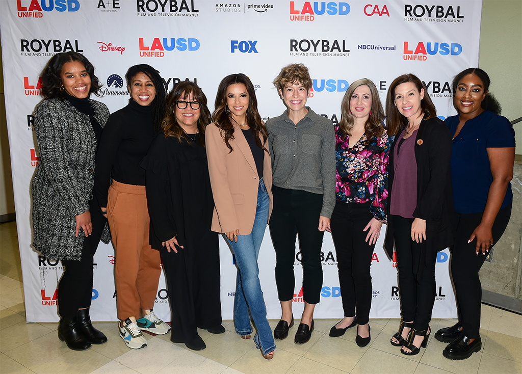 Eva Longoria with students at the Edward Roybal Learning Center for a Q&A in Los Angeles on Feb. 21st, 2023.