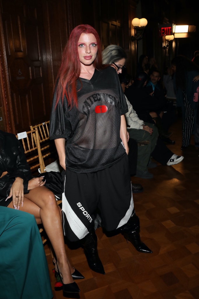 Julia Fox, Willy Chavarria, red hair, hair color, new hair color, jersey, football jersey, sheer top, netting top, boots black boots, leather boots, stiletto boots, heels, high heels, NYFW, New York Fashion Week, fashion week, front row, fashion show, New York City